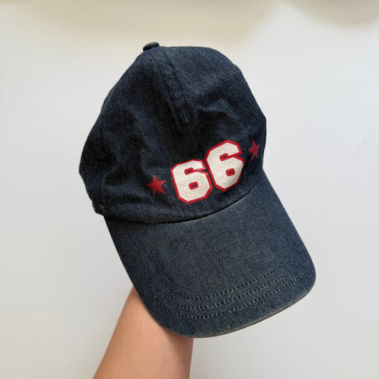 Vintage blue & red denim number cap.