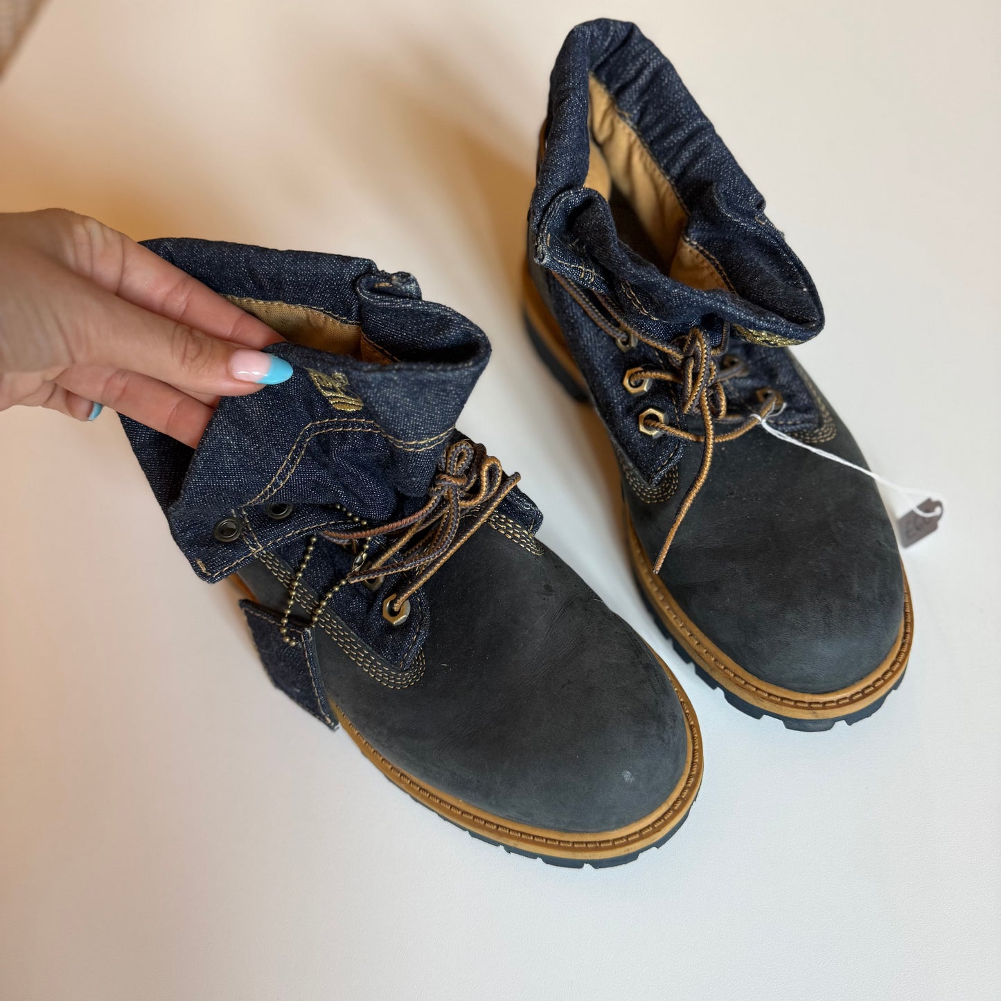 Navy blue denim timberland boots. Size 3.5