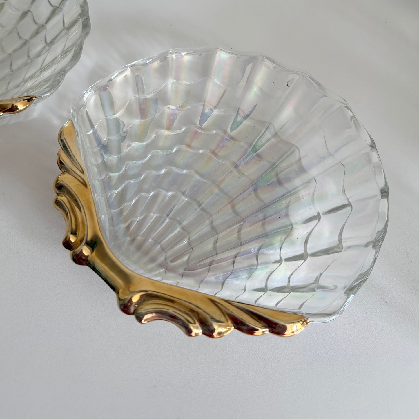 Set of two vintage Iridescent glass & gold shell plates