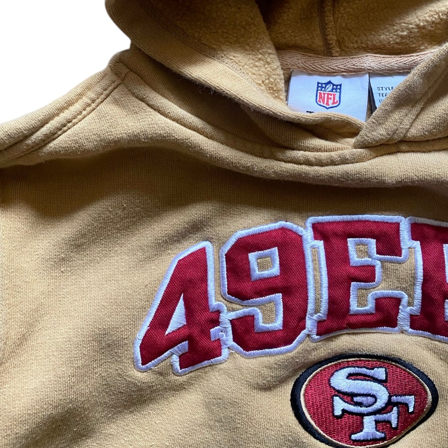 Vintage NFL San Francisco 49ers mustard yellow hoodie. Approx 8 years