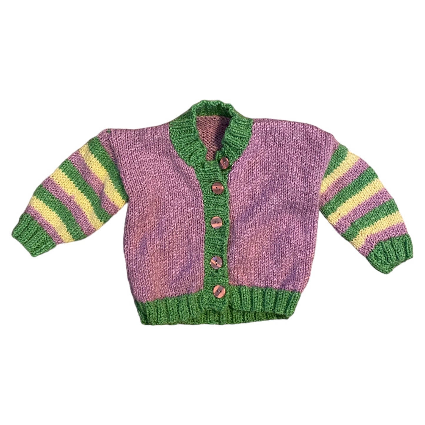 Hand knit purple/ green/yellow striped cardigan 0-3 months