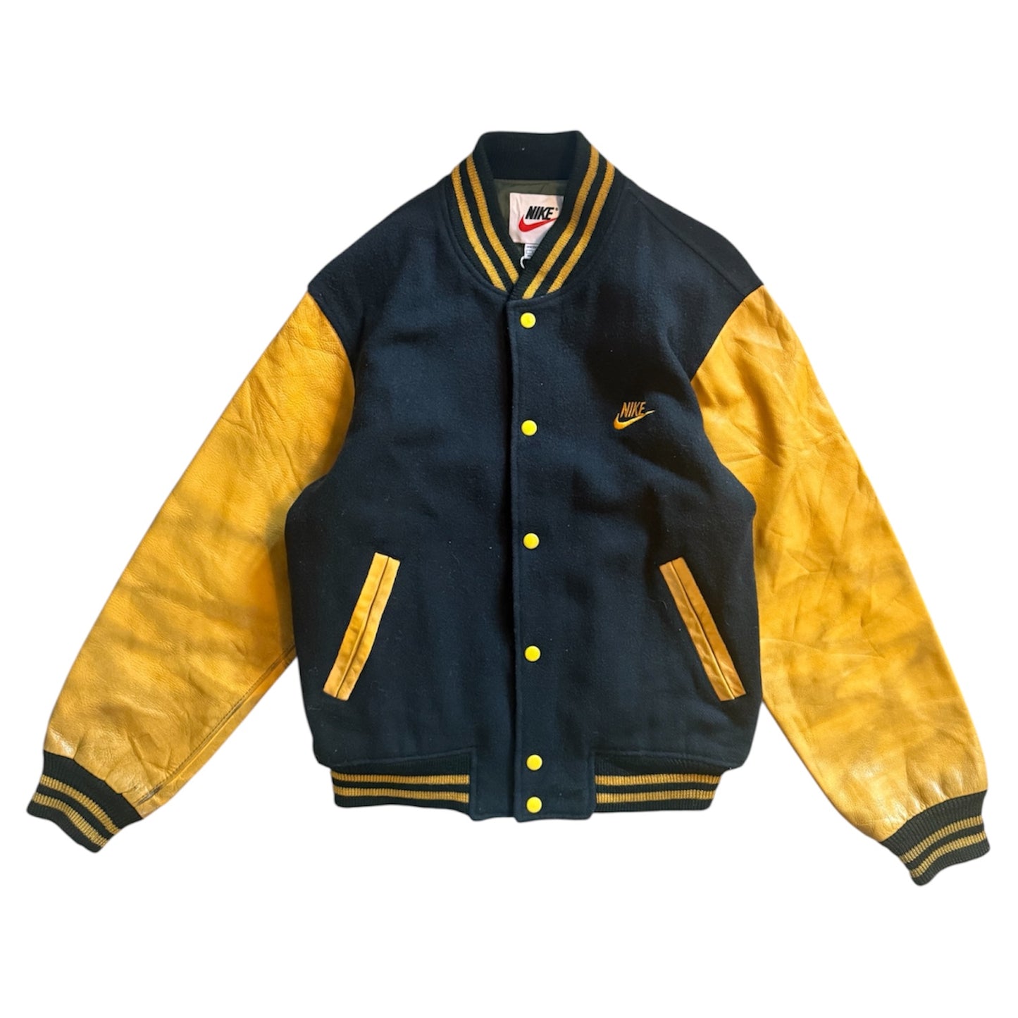 Vintage Nike mustard & green varsity jacket . Wool body leather sleeves. Size XL ( imo vintage size 10)