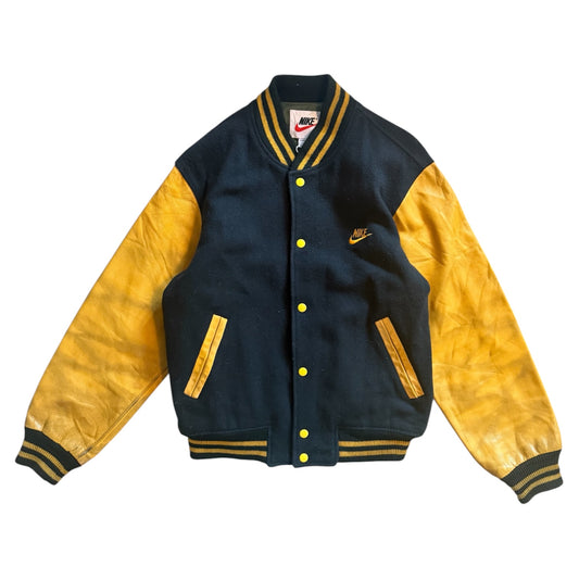 Vintage Nike mustard & green varsity jacket . Wool body leather sleeves. Size XL ( imo vintage size 10)