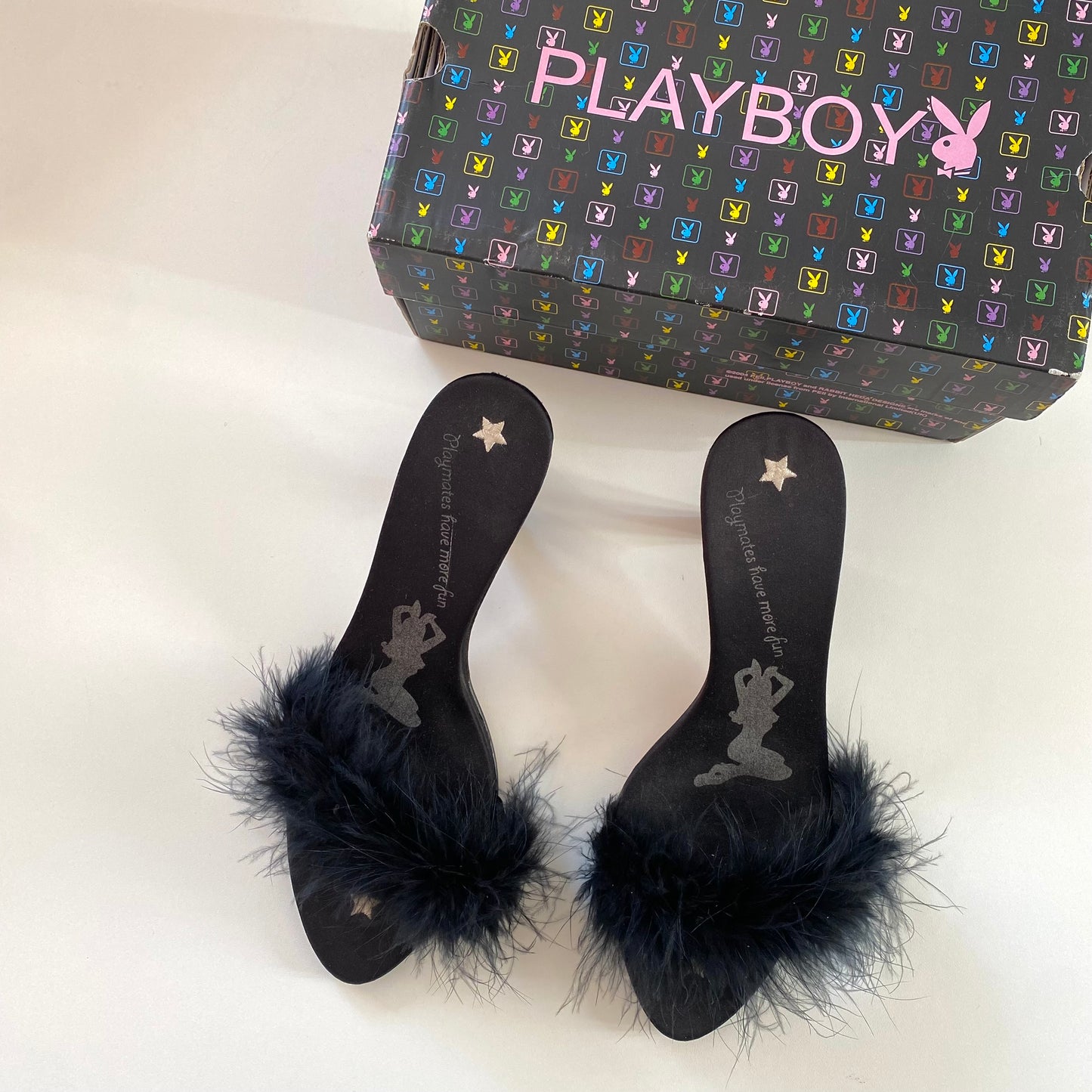 Vintage Y2K playboy black fluffy kitten heels. Size 41 / UK 7.5