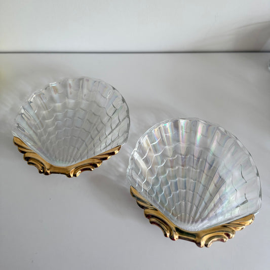 Set of two vintage Iridescent glass & gold shell plates