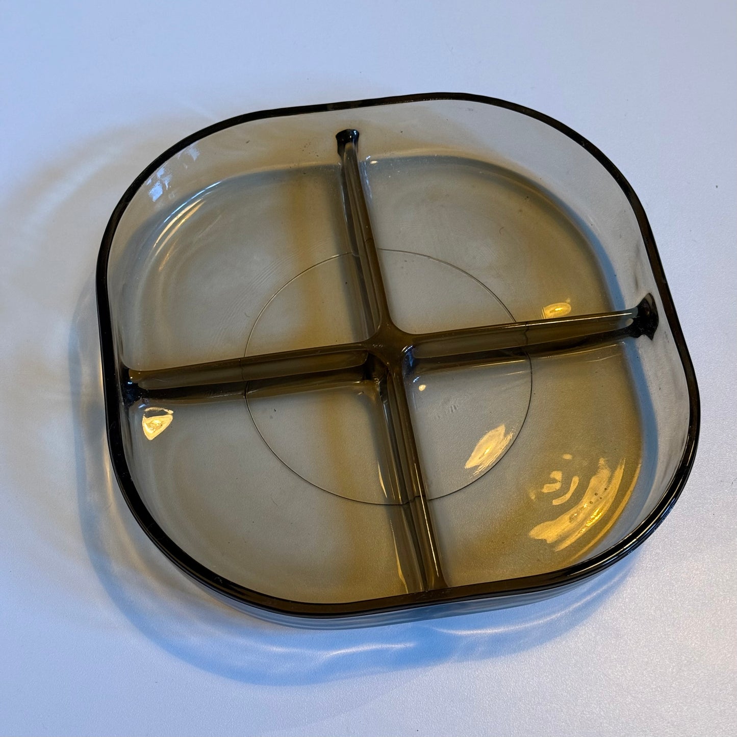 Vintage 70s snack dish made of thick smoked amber glass