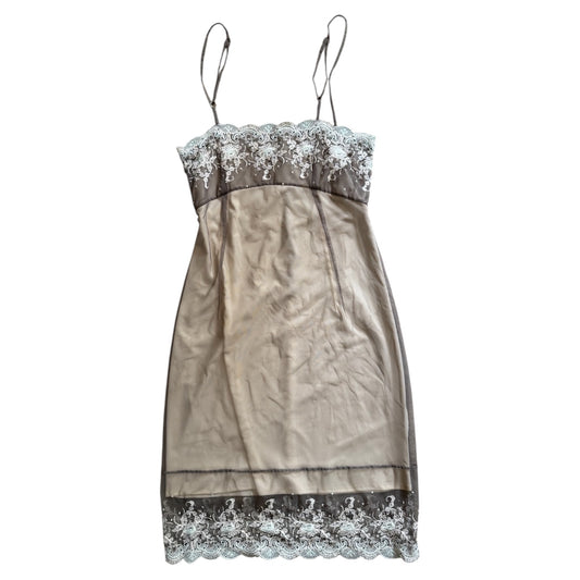 Vintage Lisa Johnson  mid length lace dress ingrey silver. Size 10