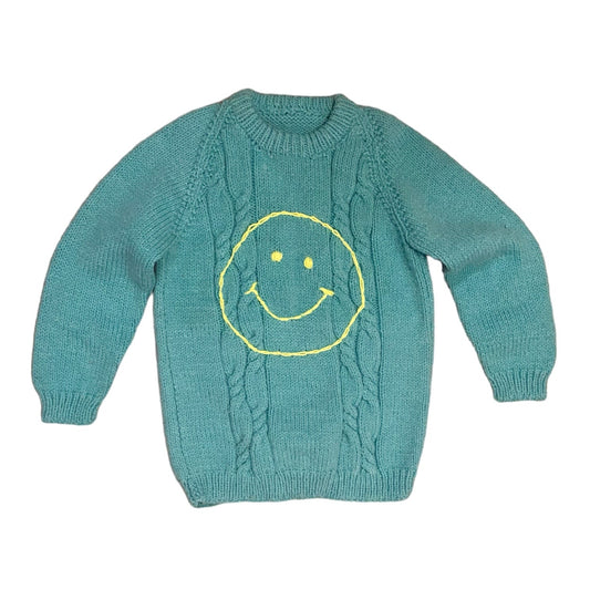 Embroidered smiley face knitted jumper teal & neon yellow age 5-6 years