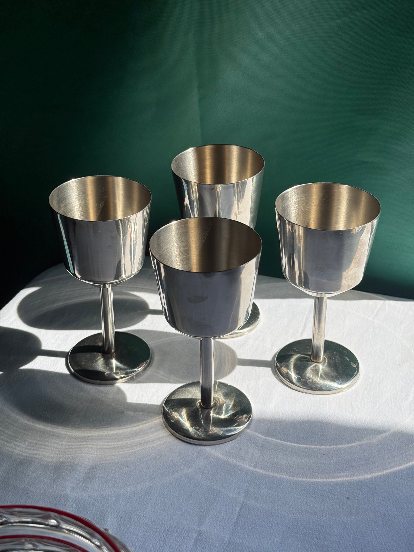 Set of 4 vintage mid-century/ modern stainless steel wine goblets glasses.