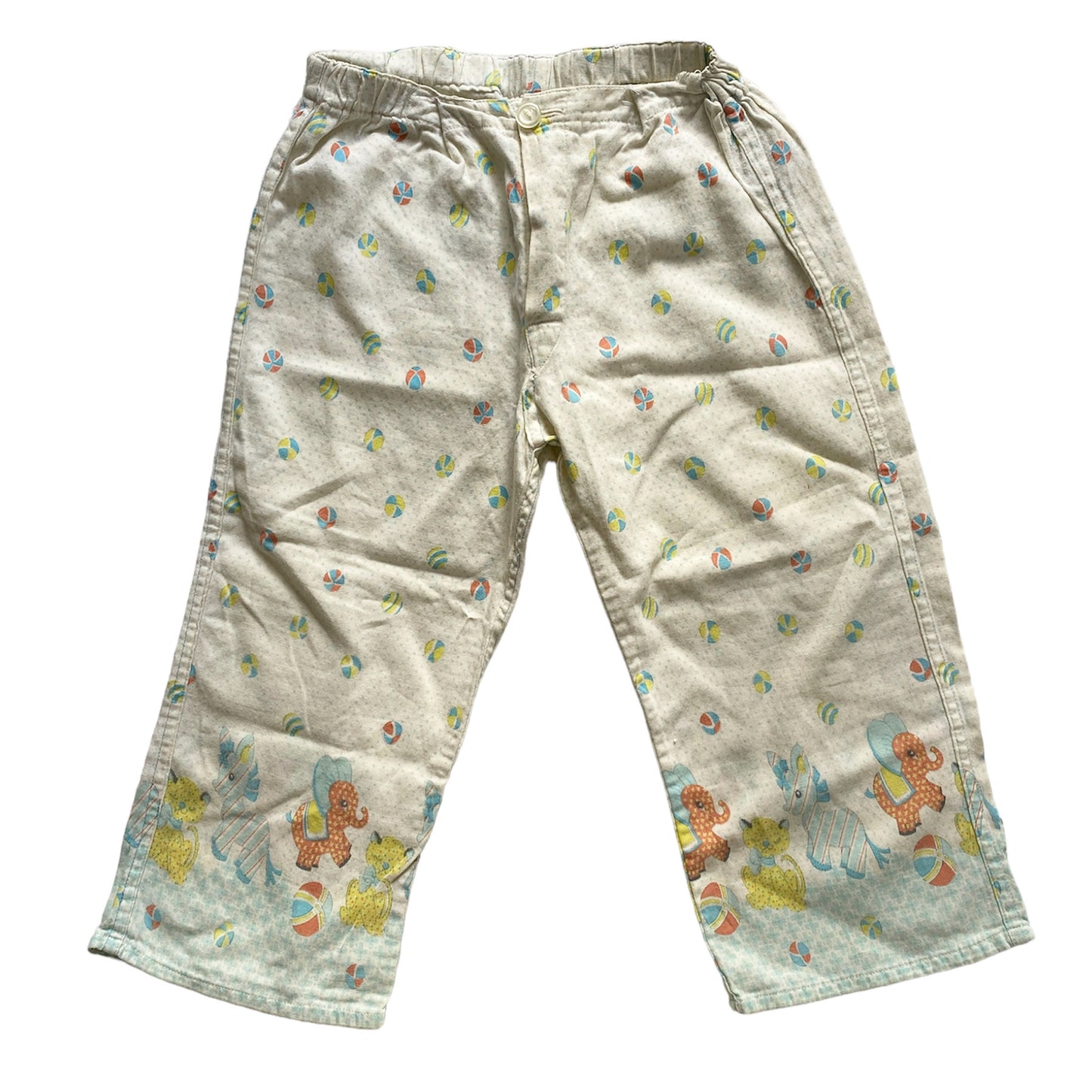 The most incredible vintage 1950/60s cotton lightweight trousers ~ elephant/ animal + beachball print. Age 4-5 years