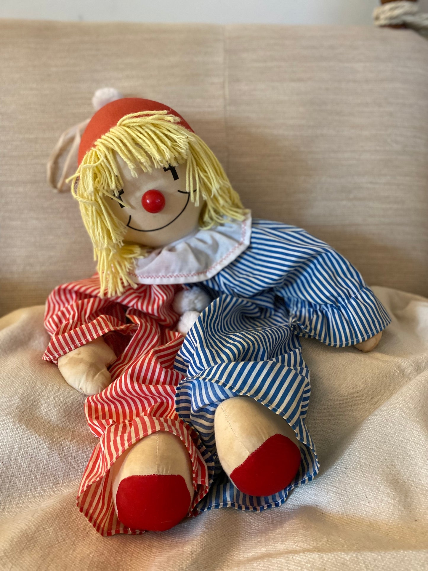 Vintage striped clown soft toy/ teddy