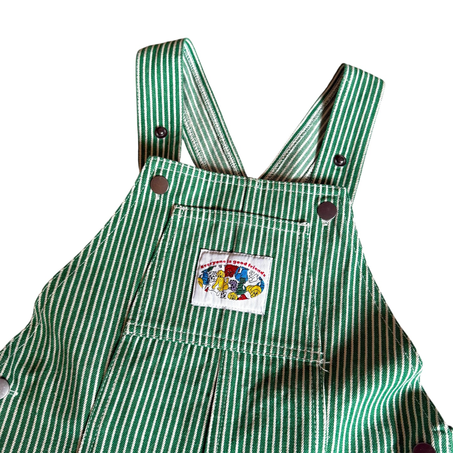 Green denim striped shortalls. Approx 5 years