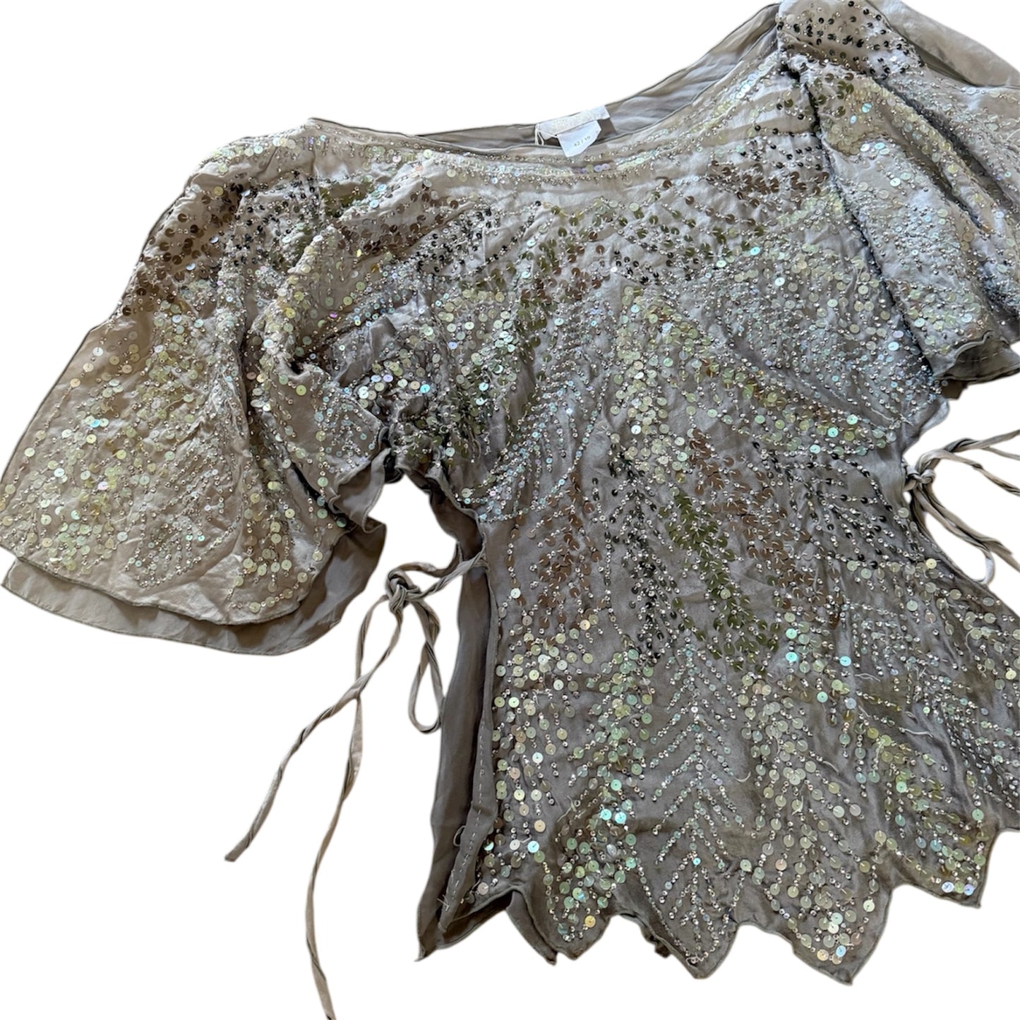 Vintage floaty pure silk sequin top with tie sides. One size would fit a variety of sizes from 6-12 depending on desired fit.