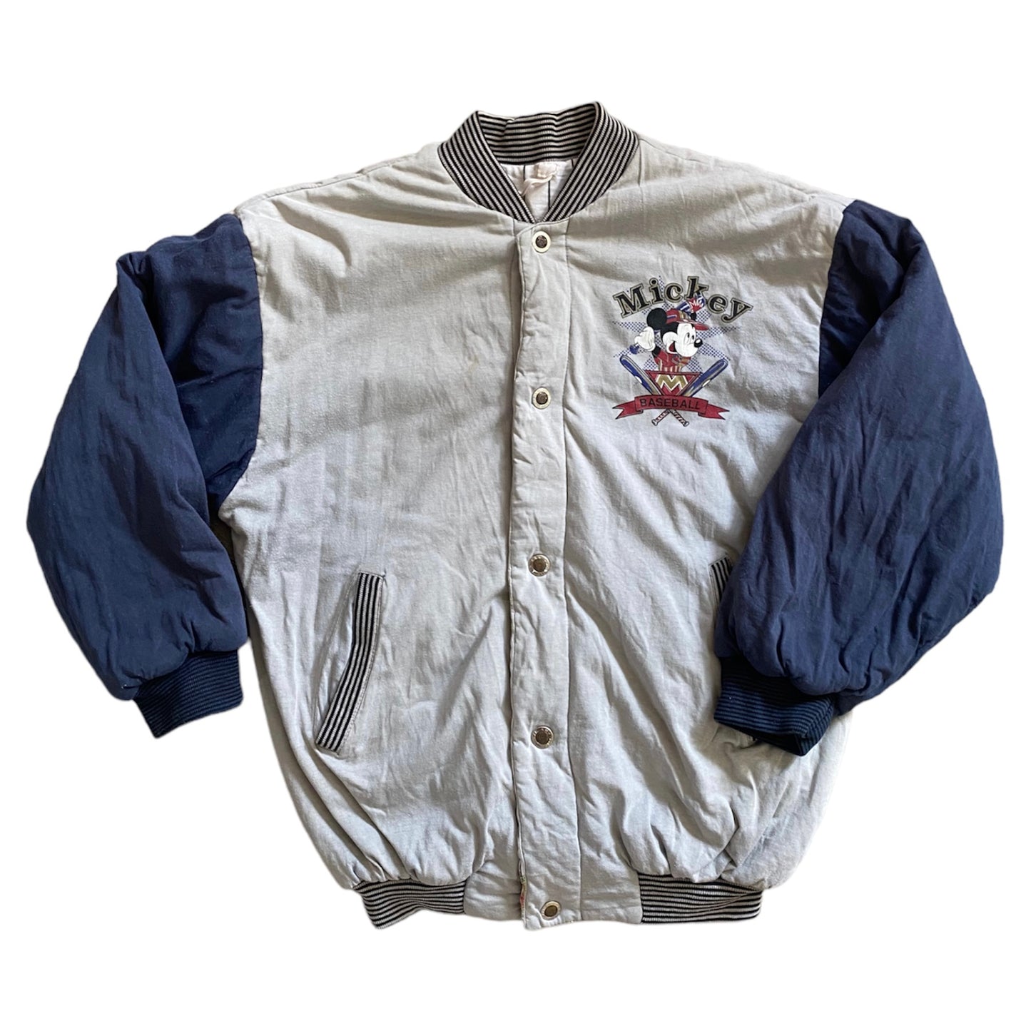 Vintage grey & navy blue reversible Mickey Mouse baseball jacket - big kids! Size 10-12 years