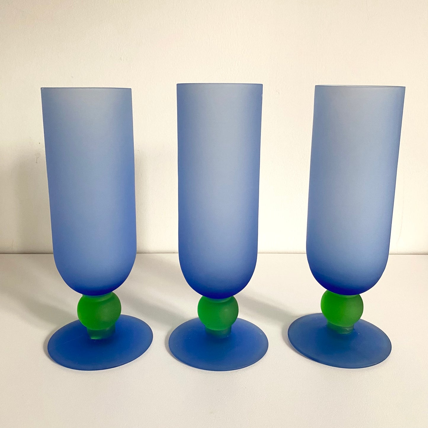 Set of 3 vintage frosted glass cobalt blue and green stemed glasses
