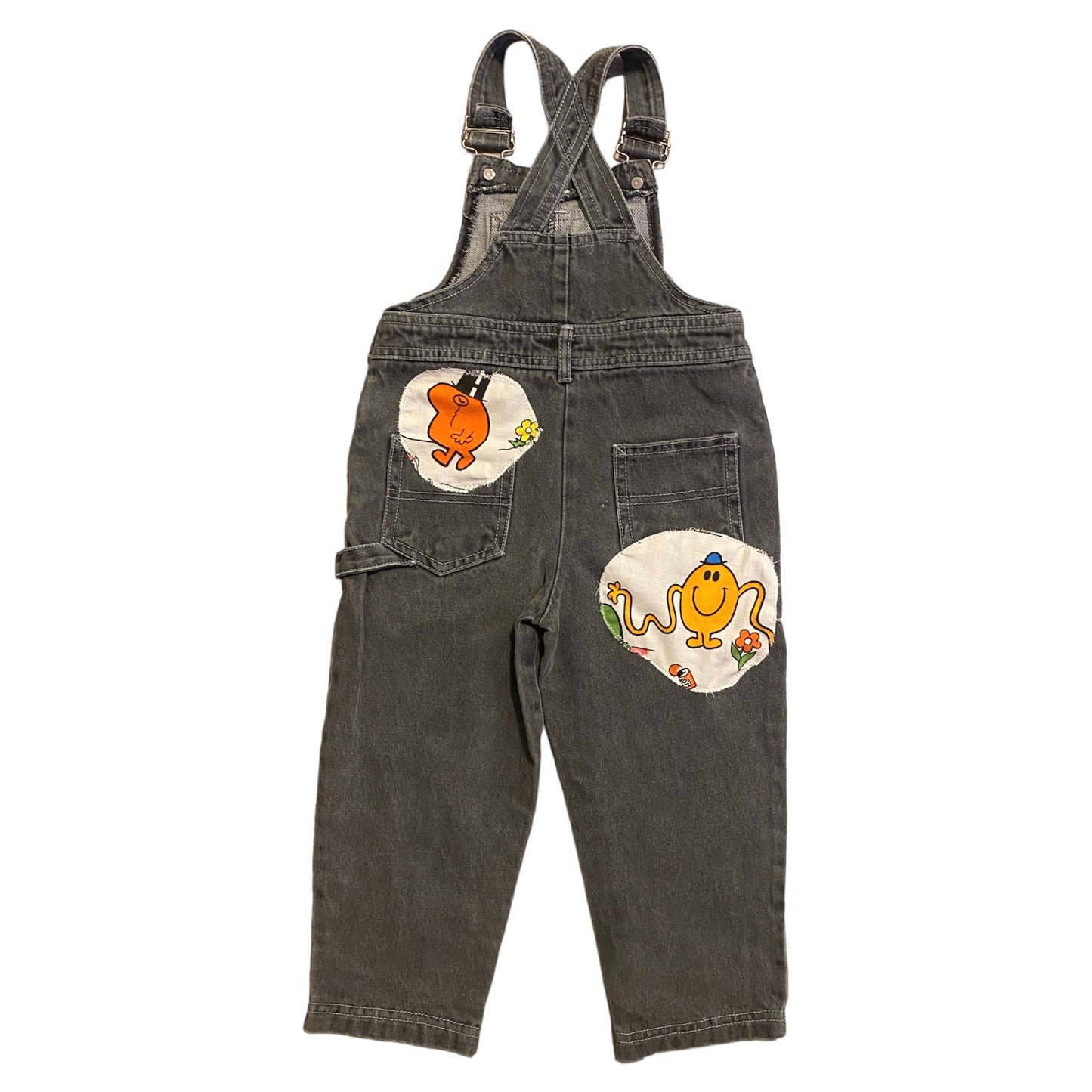 Upcycled  dungarees with vintage 1970s mr men patches. Age 2-3 years