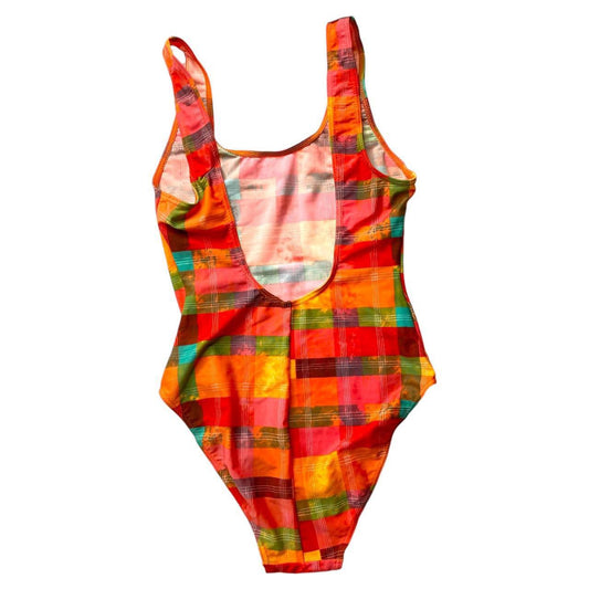 Vintage 80’s bright orange check print swimsuit 

Size 8