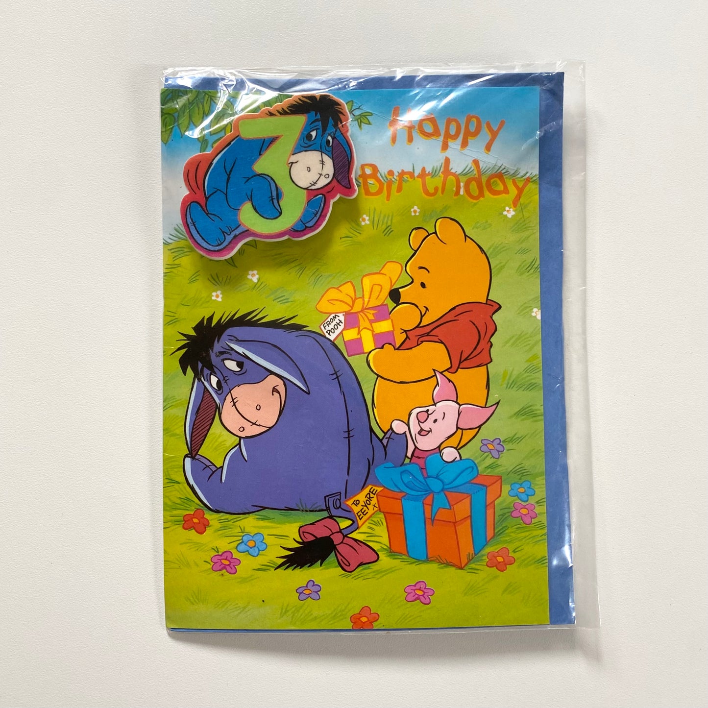 Vintage Winnie the Pooh 3 birthday card with badge
