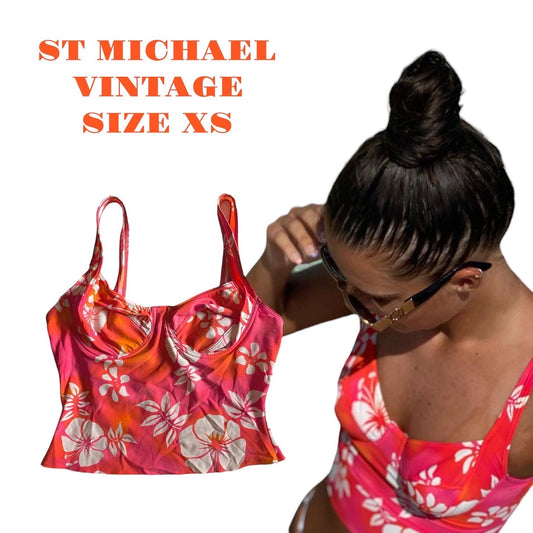 Vintage st Michael tankini top in red/ orange hibiscus print. Size a (6-8)