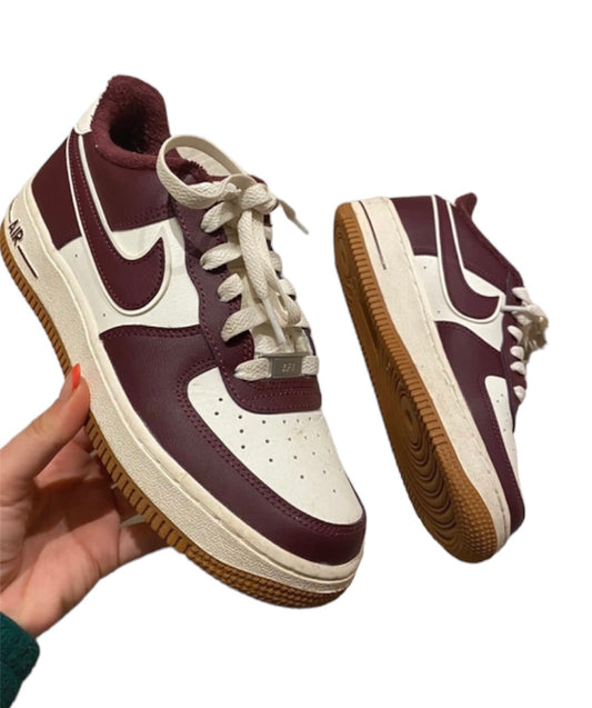 Burgandy and white Nike airforce trainers with gumsole