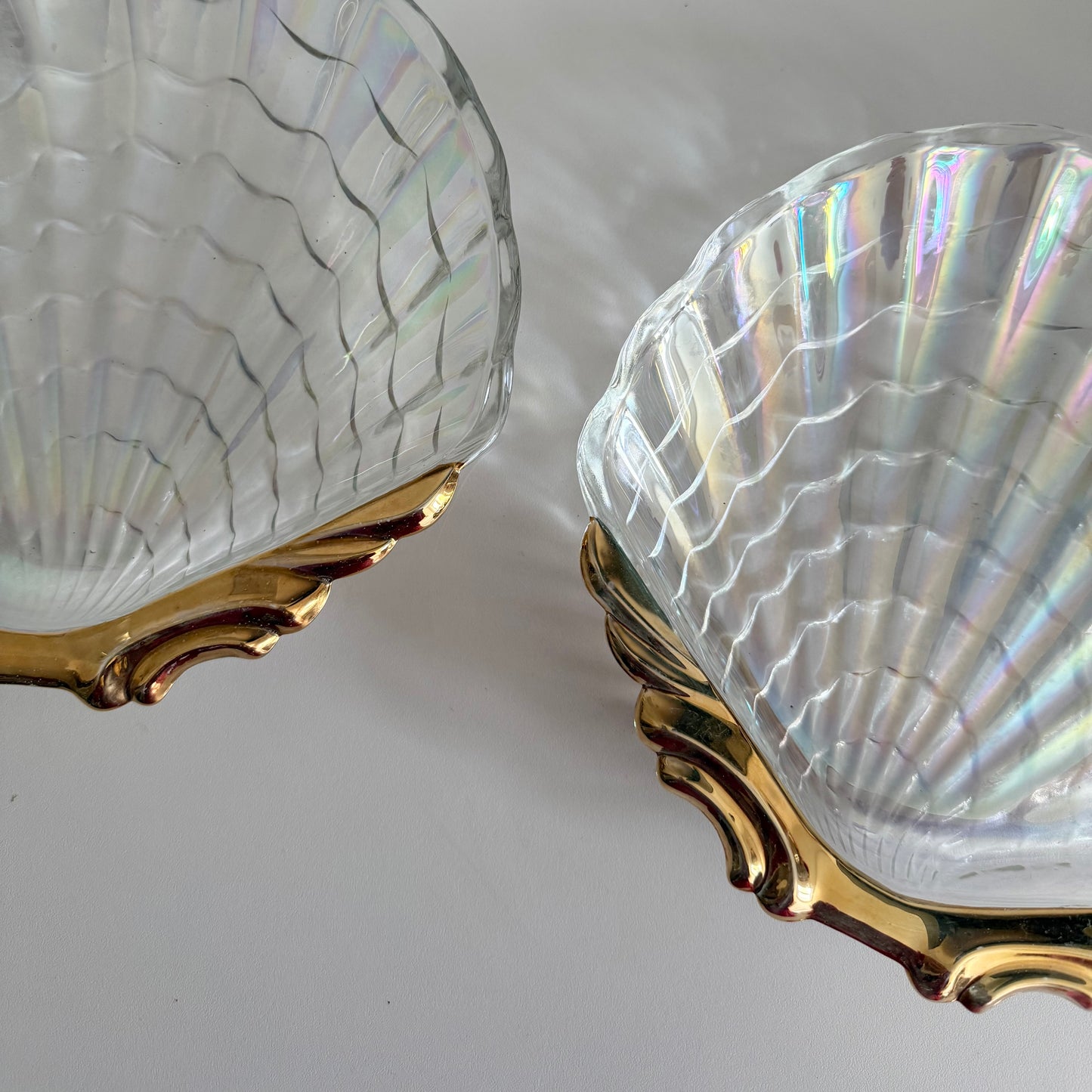 Set of two vintage Iridescent glass & gold shell plates