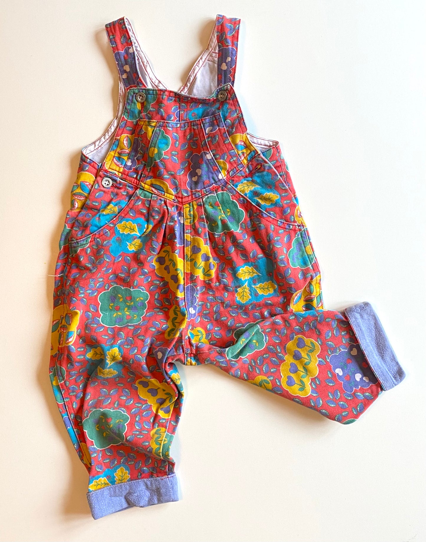 Vintage St Bernard bright block printed floral dungarees ~ 18 months