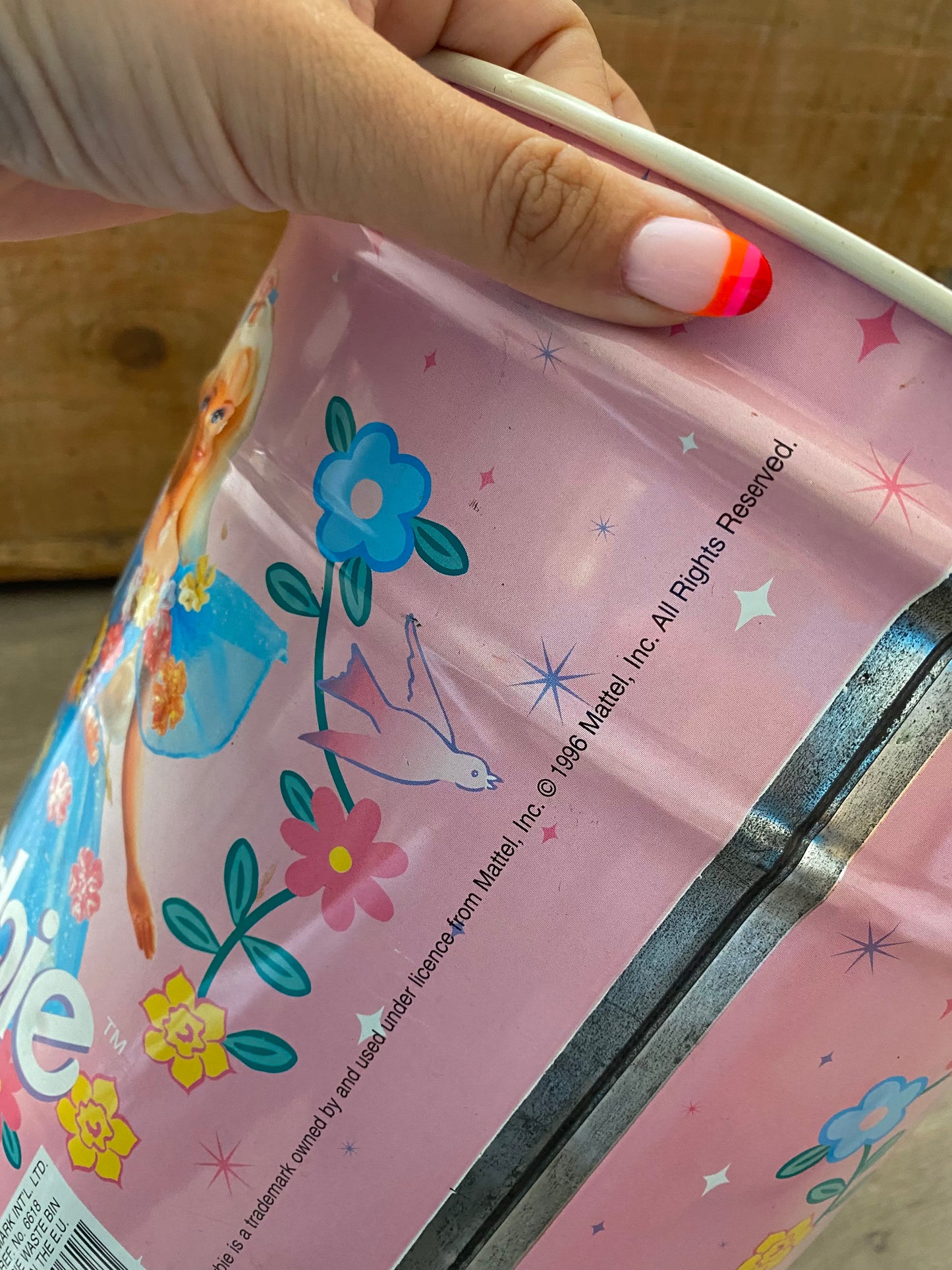 Vintage 1996 Barbie pink tin Dustbin ~ rare
