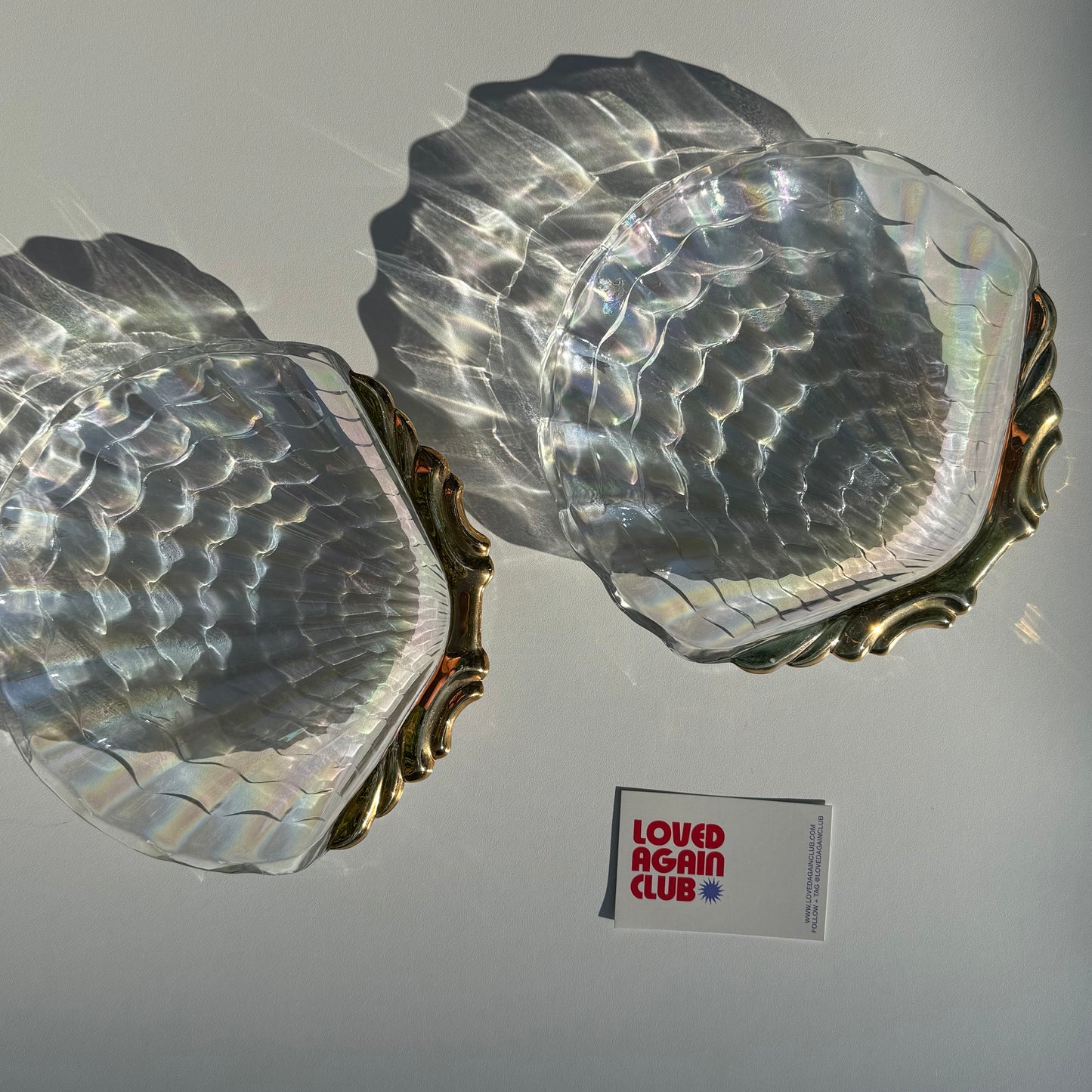 Set of two vintage Iridescent glass & gold shell plates