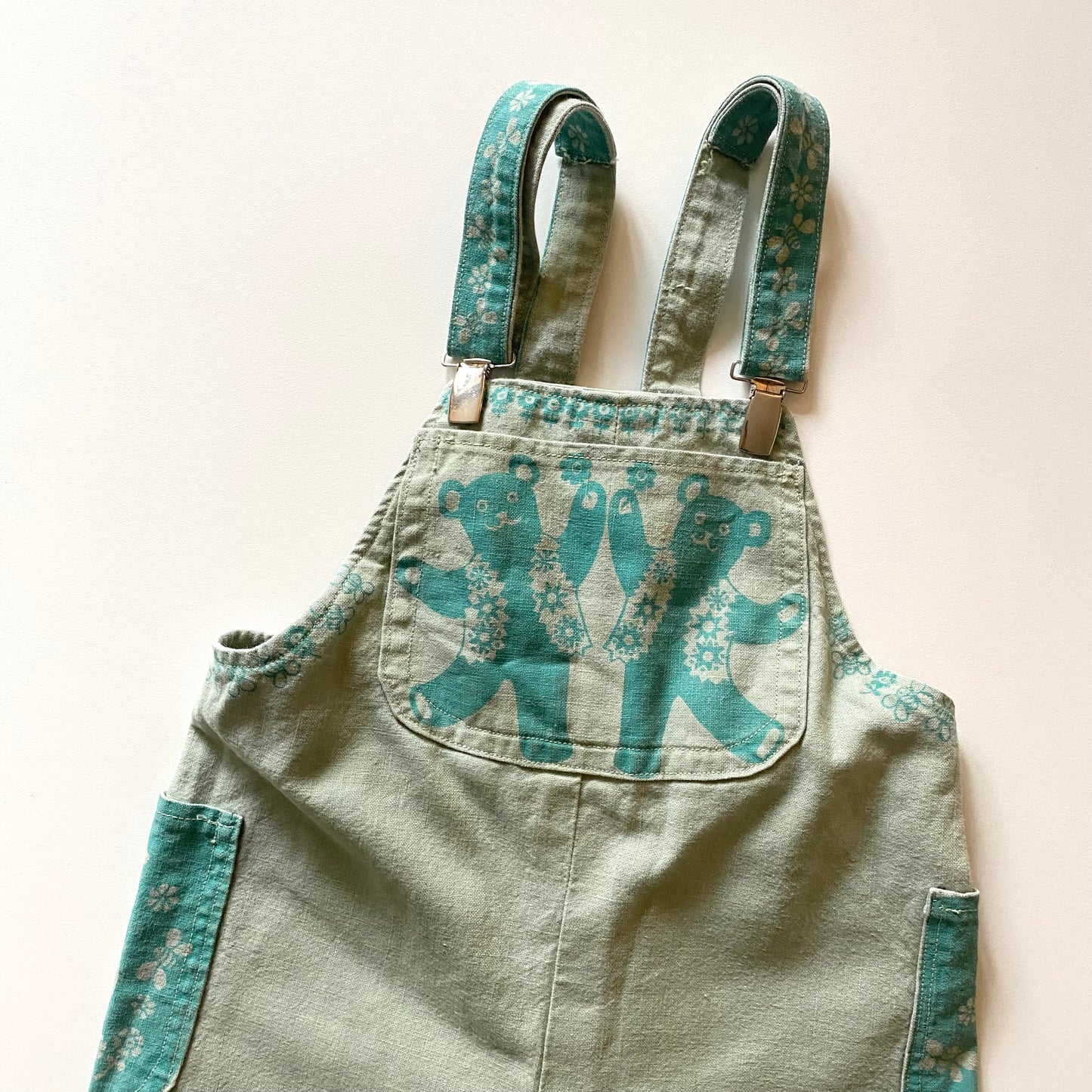Vintage teddy bear linen/ cotton blend dungarees - approx age 2 years