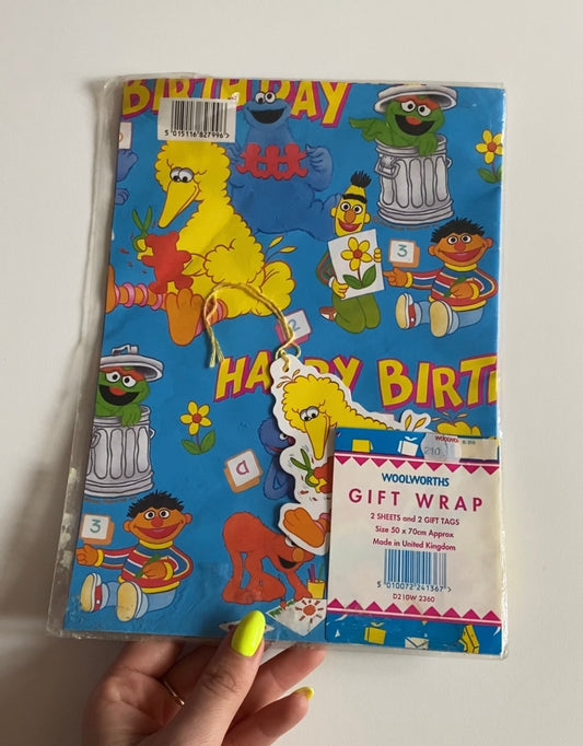 Vintage Woolworths Sesame Street wrapping paper & tag set.
