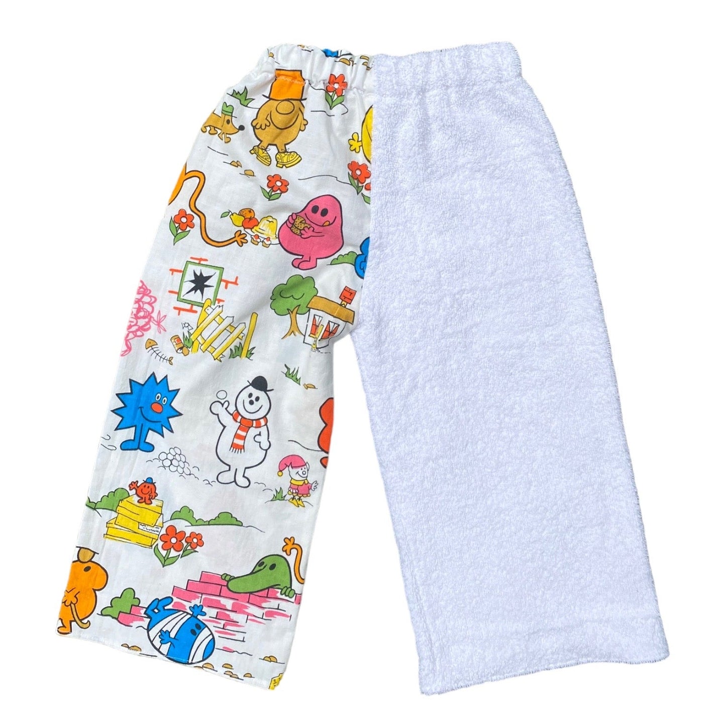 Handmade half n half’ LOVED AGAIN mr men 70s fabric + terry towelling printed trousers/ culottes. Size 4-5 years approx.