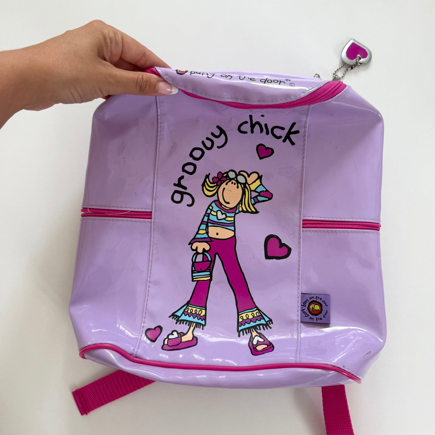 Vintage bang on the door groovy chick purple pvc rucksack