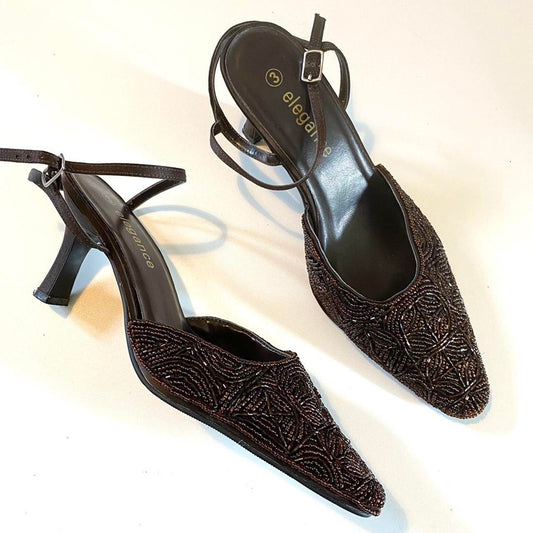 90s beaded dark brown kitten heels size 3