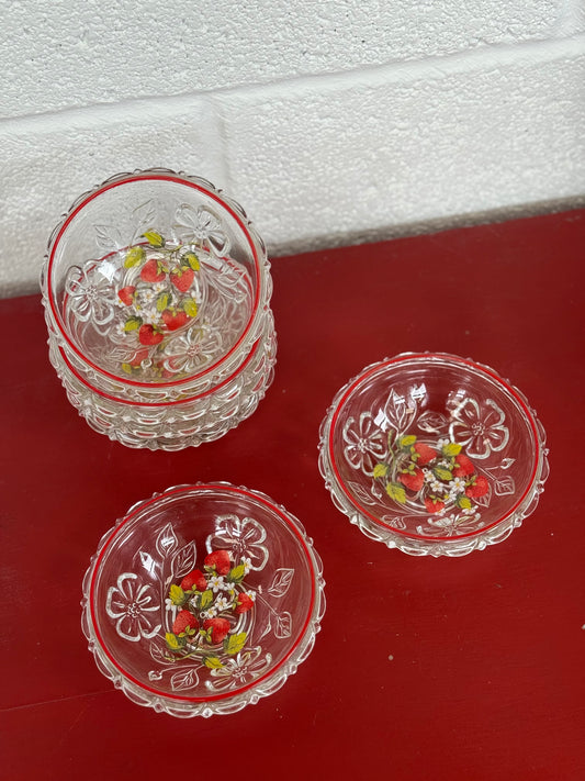 Vintage glass dessert dishes with a floral strawberry print