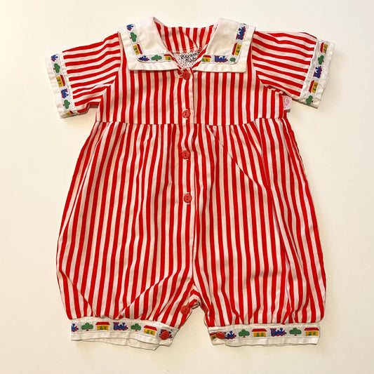Vintage blooming kids red striped romper. Size 12 months