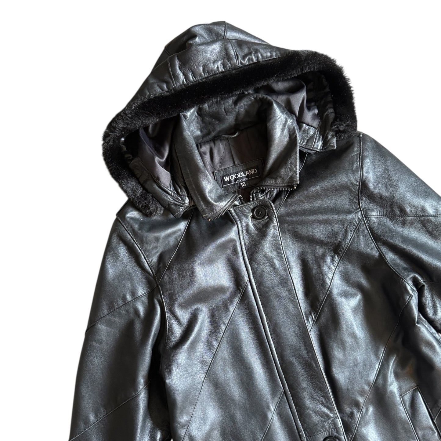 Vintage genuine woodland leather hooded coat jacket. Size 10.