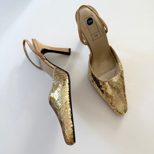 Vintage blu gold sequin pointed kitten heels. Size UK5