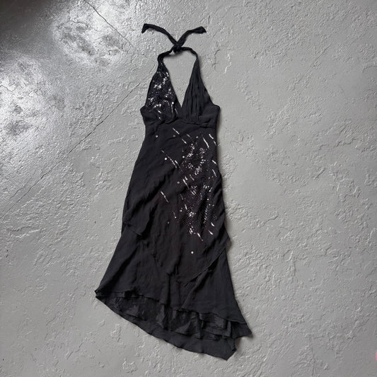 Vintage Debenhams black ‘debut’ mid length halter dress. Size 8.