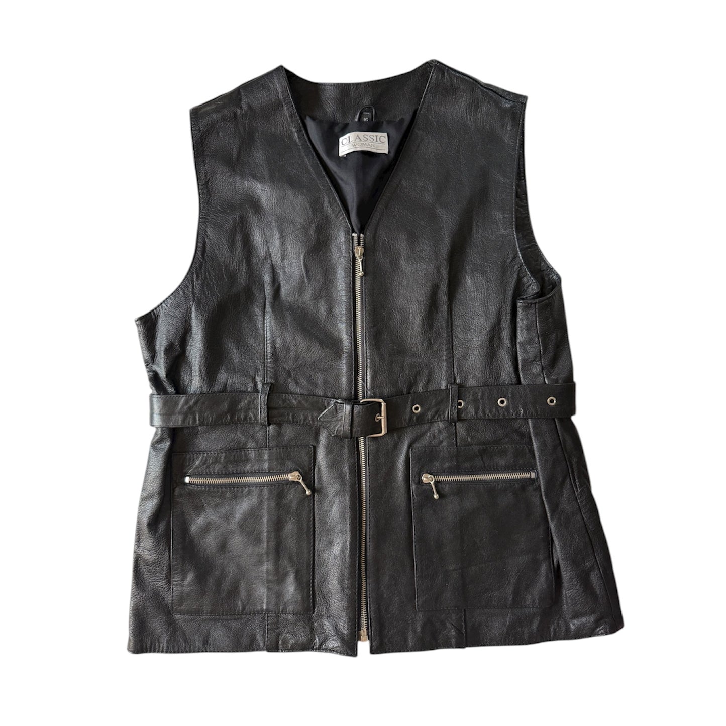 Vintage early 90s biker genuine leather sleeveless jacket/ gilet. Size 12-14.