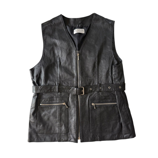 Vintage early 90s biker genuine leather sleeveless jacket/ gilet. Size 12-14.