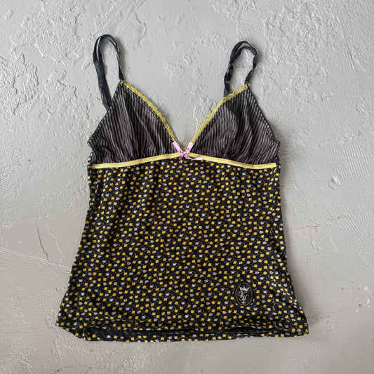Black and lime green Y2K sheer floral cami vest. Size 8-10
