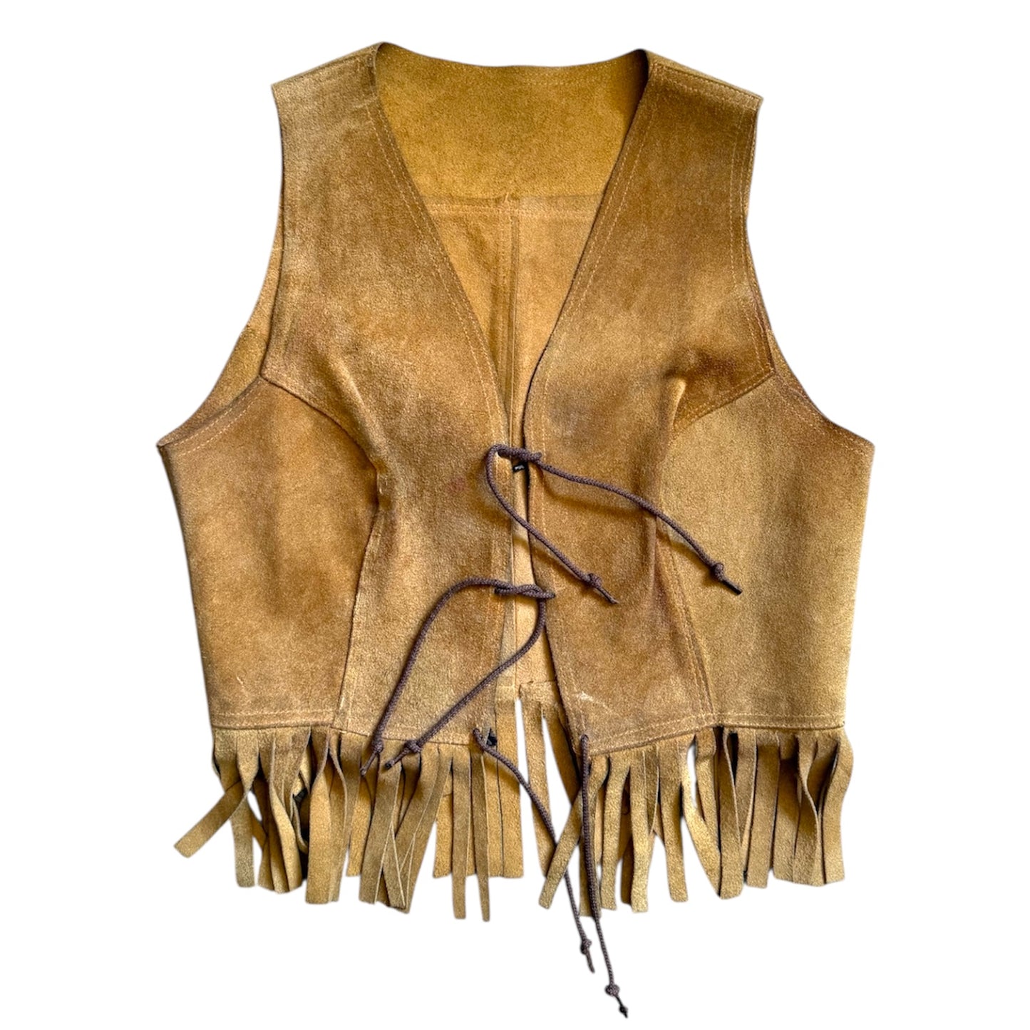 Vintage genuine suede brown tie up tassel waistcoat. Size 8.