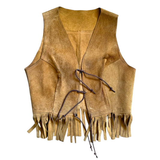 Vintage genuine suede brown tie up tassel waistcoat. Size 8.