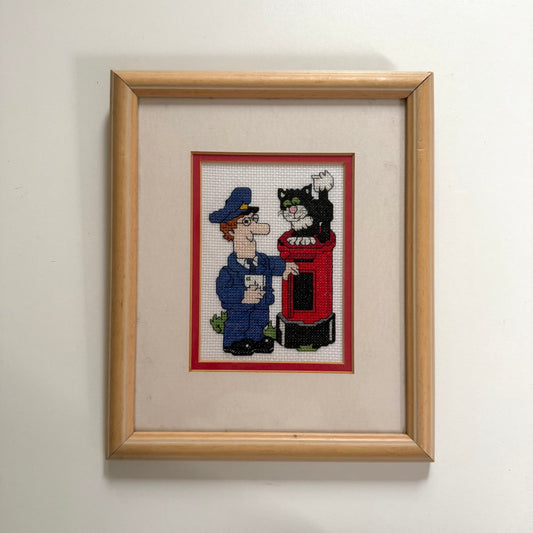 Vintage postman Pat framed embroidery print.