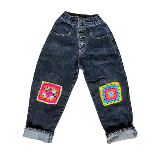 Vintage jeans with upcycled crochet neon knee patches. Age 5 years. Waist has stretch