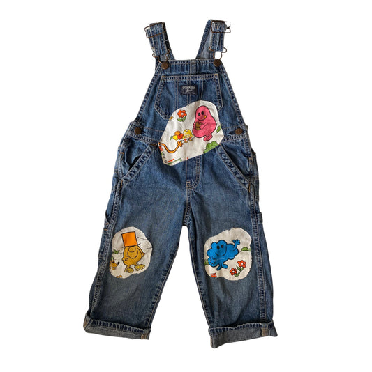Upcycled Oshkosh dungarees with vintage 1970s mr men patches. Age 2 years