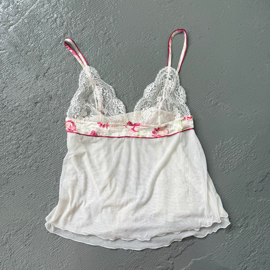 Vintage white sheer camisole with pink floral lace trim. Size 8.
