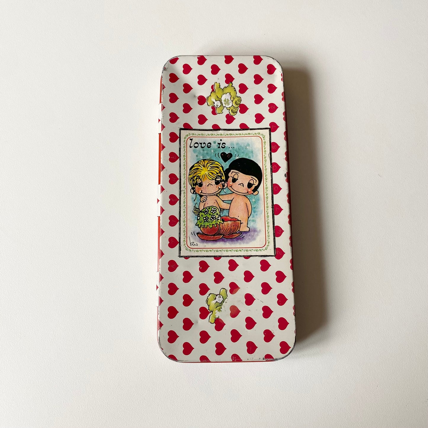 Vintage pencil case tin with original stickers.