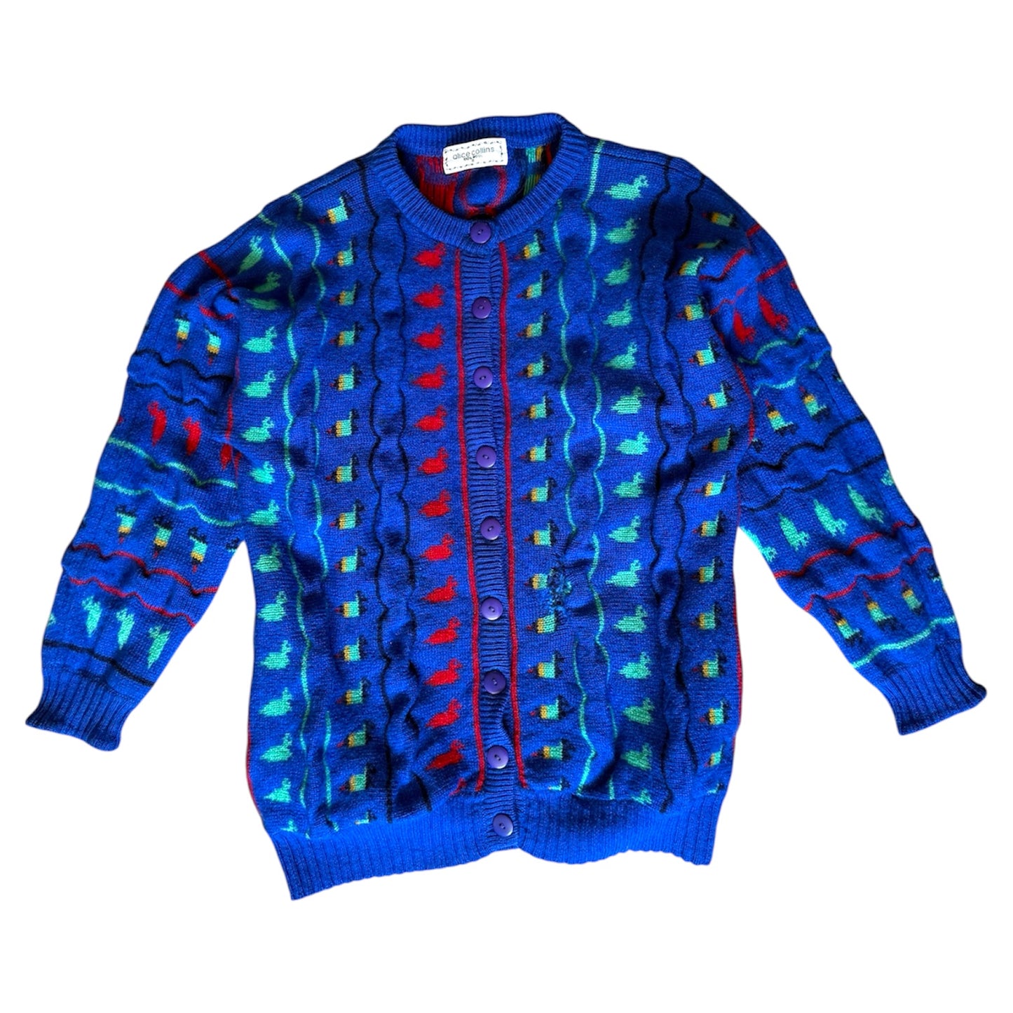 Vintage chunky knitted wool royal blue cardigan. size S