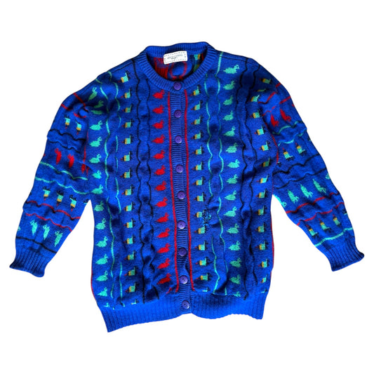 Vintage chunky knitted wool royal blue cardigan. size S
